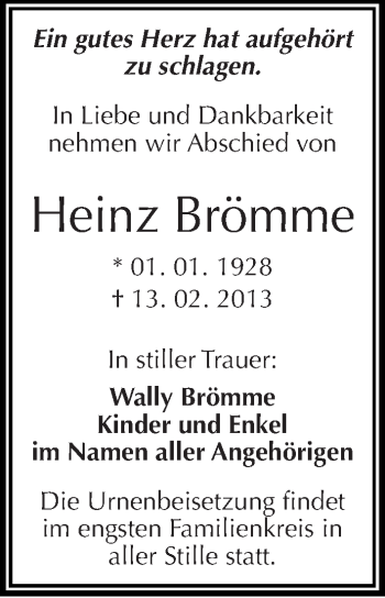 Traueranzeige von Heinz Brömme von Mitteldeutsche Zeitung Halle/Saalkreis