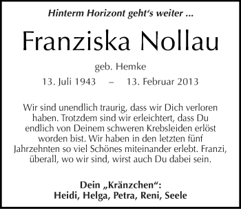 Traueranzeige von Franziska Nollau von Mitteldeutsche Zeitung Naumburg/Nebra