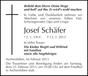 Traueranzeige von Josef Schäfer von Mitteldeutsche Zeitung Aschersleben