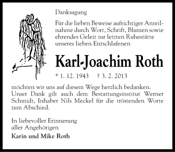 Traueranzeige von Karl-Joachim Roth von Mitteldeutsche Zeitung Quedlinburg