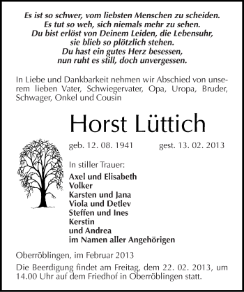 Traueranzeige von Horst Lüttich von Mitteldeutsche Zeitung Sangerhausen