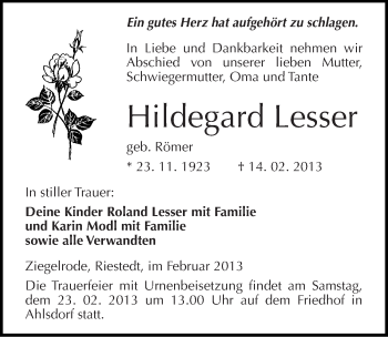 Traueranzeige von Hildegard Lesser von Mitteldeutsche Zeitung Mansfelder Land