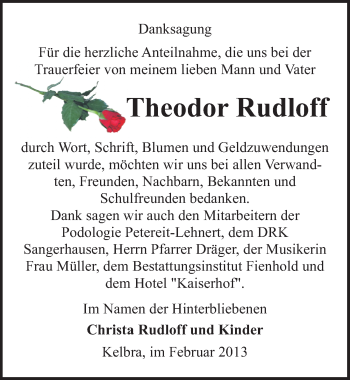 Traueranzeige von Theodor Rudloff von Mitteldeutsche Zeitung Sangerhausen