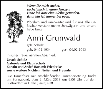 Traueranzeige von Anni Grunwald von Mitteldeutsche Zeitung Halle/Saalkreis