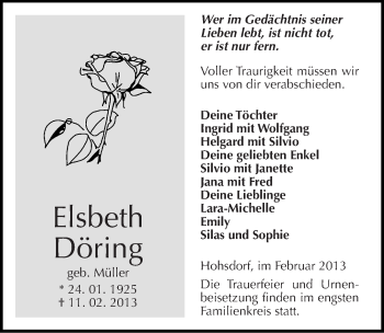 Traueranzeige von Elsbeth Döring von Mitteldeutsche Zeitung Köthen