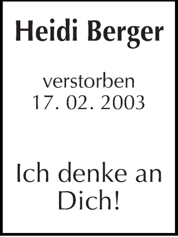 Traueranzeige von Heidi Berger von Mitteldeutsche Zeitung Quedlinburg