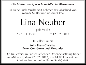 Traueranzeige von Lina Neuber von Mitteldeutsche Zeitung Halle/Saalkreis