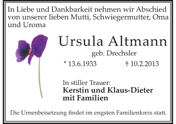 Traueranzeige von Ursula Altmann von Mitteldeutsche Zeitung Halle/Saalkreis