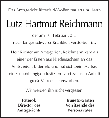 Traueranzeige von Lutz Hartmut Reichmann von Mitteldeutsche Zeitung Bitterfeld