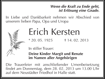 Traueranzeige von Erich Kersten von Mitteldeutsche Zeitung Halle/Saalkreis