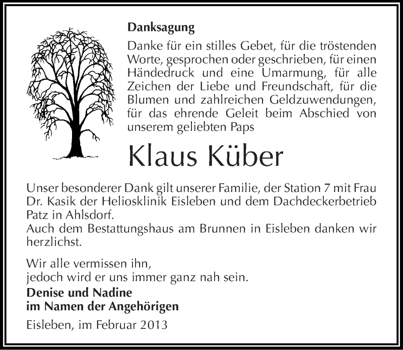  Traueranzeige für Klaus Küber vom 16.02.2013 aus Mitteldeutsche Zeitung Mansfelder Land