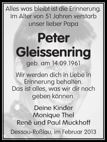 Traueranzeige von Peter Gleissenring von Mitteldeutsche Zeitung Dessau-Roßlau
