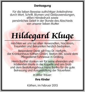 Traueranzeige von Hildegard Kluge von Mitteldeutsche Zeitung Köthen