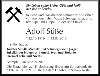 Traueranzeige von Adolf Süße von Mitteldeutsche Zeitung Merseburg/Querfurt