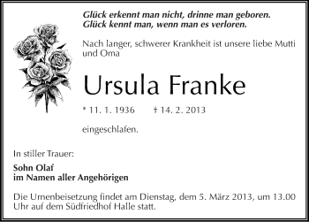 Traueranzeige von Ursula Franke von Mitteldeutsche Zeitung Halle/Saalkreis