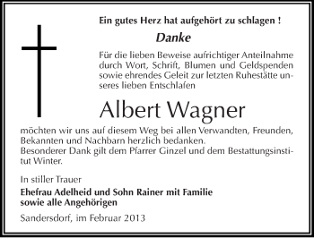 Traueranzeige von Albert Wagner von Mitteldeutsche Zeitung Bitterfeld