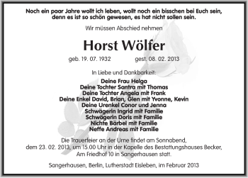 Traueranzeige von Horst Wölfer von Mitteldeutsche Zeitung Sangerhausen