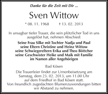 Traueranzeige von Sven Wittow von Mitteldeutsche Zeitung Naumburg/Nebra