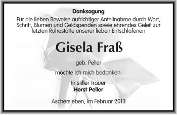 Traueranzeige von Gisela Fraß von Mitteldeutsche Zeitung Aschersleben