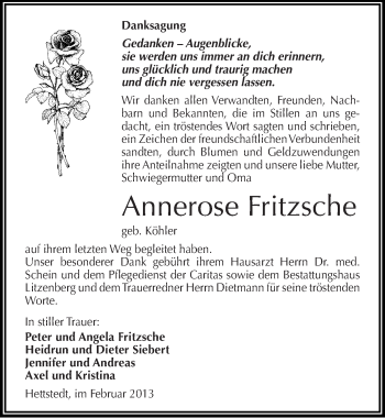 Traueranzeige von Annerose Fritzsche von Mitteldeutsche Zeitung Mansfelder Land