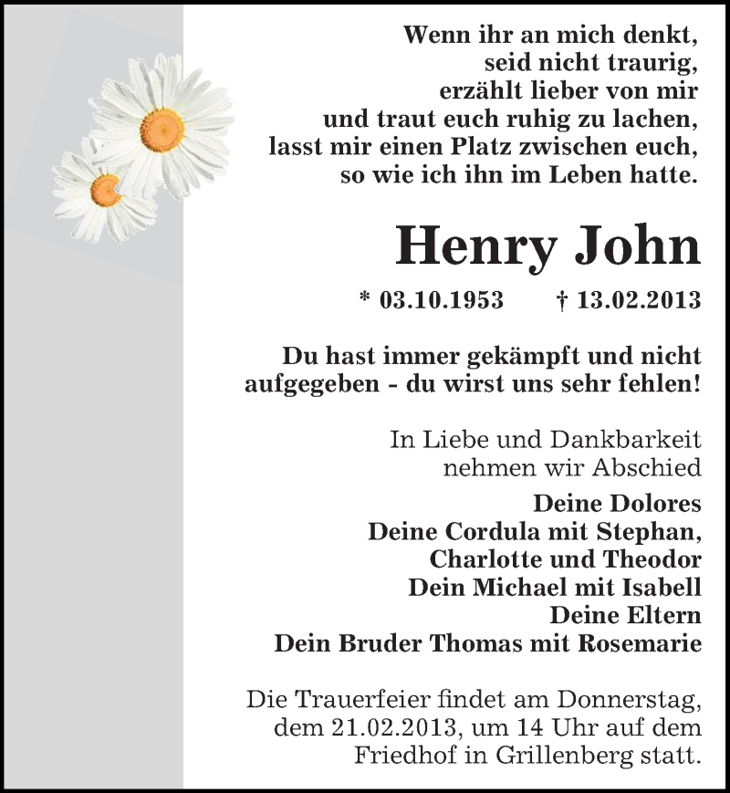  Traueranzeige für Henry John vom 16.02.2013 aus Mitteldeutsche Zeitung Sangerhausen