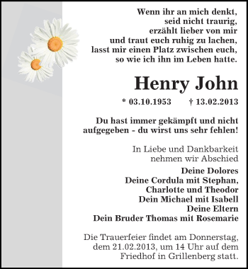 Traueranzeige von Henry John von Mitteldeutsche Zeitung Sangerhausen