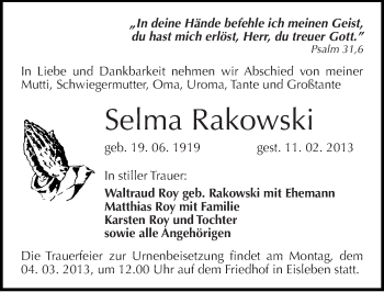 Traueranzeige von Selma Rakowski von Mitteldeutsche Zeitung Mansfelder Land