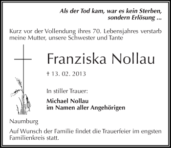 Traueranzeige von Franziska Nollau von Mitteldeutsche Zeitung Naumburg/Nebra
