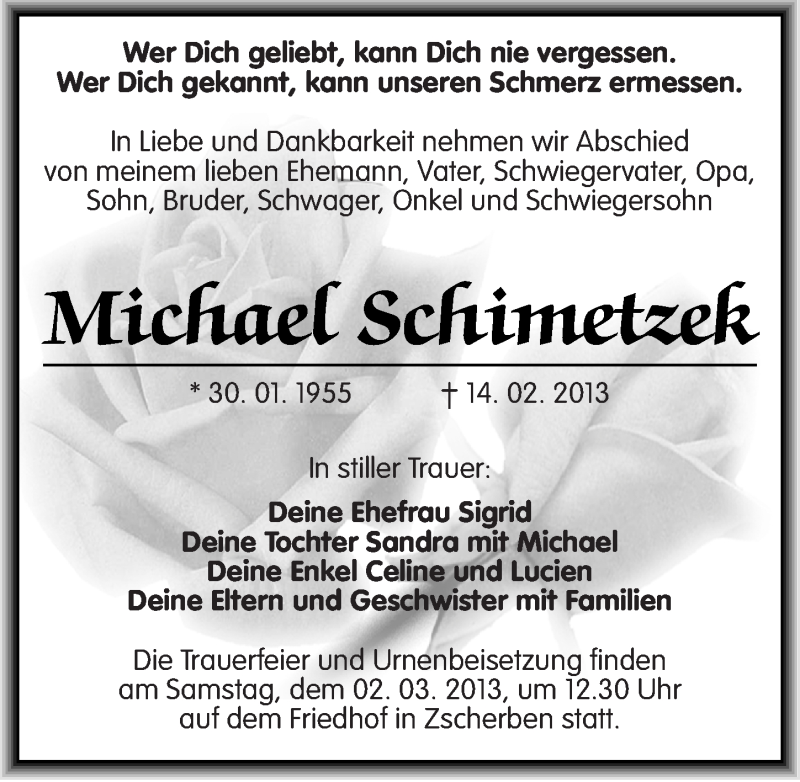  Traueranzeige für Michael Schimetzek vom 23.02.2013 aus Mitteldeutsche Zeitung Halle/Saalkreis