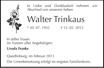 Traueranzeige von Walter Trinkaus von Mitteldeutsche Zeitung Quedlinburg