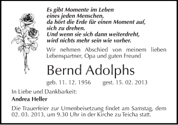 Traueranzeige von Bernd Adolphs von Mitteldeutsche Zeitung Halle/Saalkreis