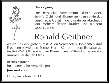 Traueranzeige von Ronald Geithner von Mitteldeutsche Zeitung Halle/Saalkreis