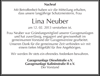 Traueranzeige von Lina Neuber von Mitteldeutsche Zeitung Halle/Saalkreis