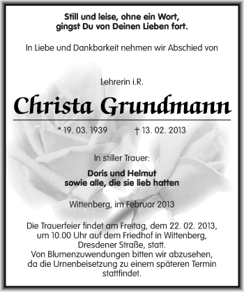 Traueranzeige von Christa Grundmann von Mitteldeutsche Zeitung Wittenberg