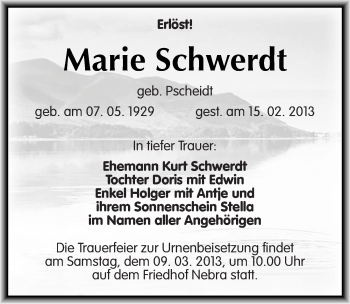 Traueranzeige von Marie Schwerdt von Mitteldeutsche Zeitung Naumburg/Nebra