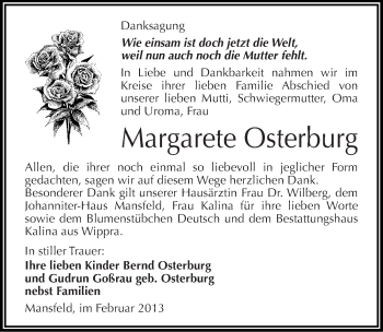 Traueranzeige von Margarete Osterburg von Mitteldeutsche Zeitung Mansfelder Land