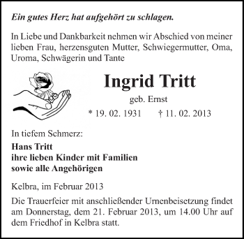 Traueranzeige von Ingrid Tritt von Mitteldeutsche Zeitung Sangerhausen