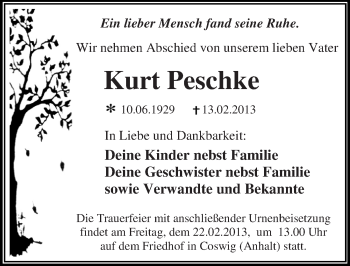 Traueranzeige von Kurt Peschke von Mitteldeutsche Zeitung Wittenberg