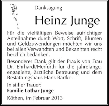 Traueranzeige von Heinz Junge von Mitteldeutsche Zeitung Köthen