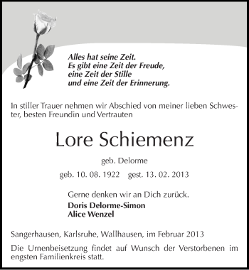 Traueranzeige von Lore Schiemenz von Mitteldeutsche Zeitung Sangerhausen