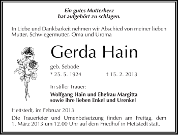 Traueranzeige von Gerda Hain von Mitteldeutsche Zeitung Mansfelder Land