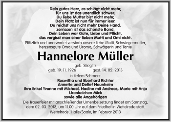 Traueranzeige von Hannelore Müller von Mitteldeutsche Zeitung Sangerhausen
