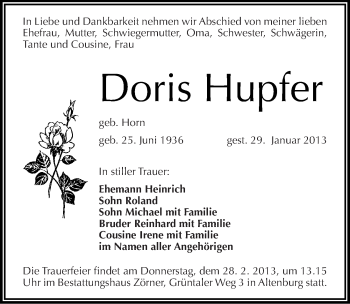 Traueranzeige von Doris Hupfer von Mitteldeutsche Zeitung Zeitz