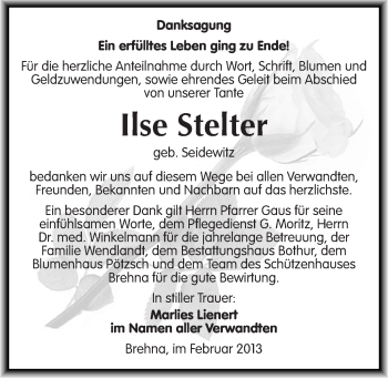 Traueranzeige von Ilse Stelter von Mitteldeutsche Zeitung Bitterfeld