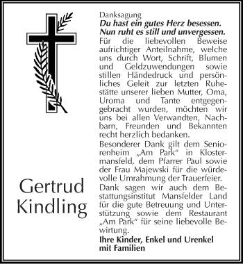 Traueranzeige von Gertrud Kindling von Mitteldeutsche Zeitung Mansfelder Land