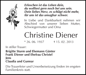 Traueranzeige von Christine Diener von Mitteldeutsche Zeitung Dessau-Roßlau