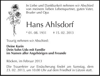 Traueranzeige von Hans Ahlsdorf von Mitteldeutsche Zeitung Weißenfels