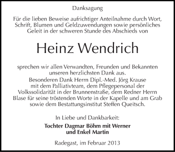 Traueranzeige von Heinz Wendrich von Mitteldeutsche Zeitung Köthen
