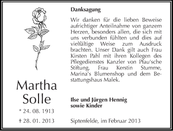 Traueranzeige von Martha Solle von Mitteldeutsche Zeitung Quedlinburg