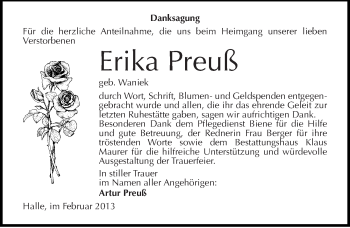 Traueranzeige von Erika Preuß von Mitteldeutsche Zeitung Halle/Saalkreis